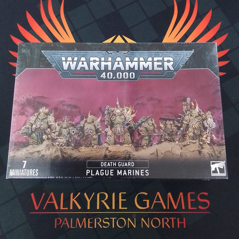 Warhammer 40K Plague Marine box featuring intricately detailed miniatures, strategic gameplay elements, and iconic Chaos faction aesthetics, perfect for collectors and tabletop gamers immersing themselves in the grimdark universe.